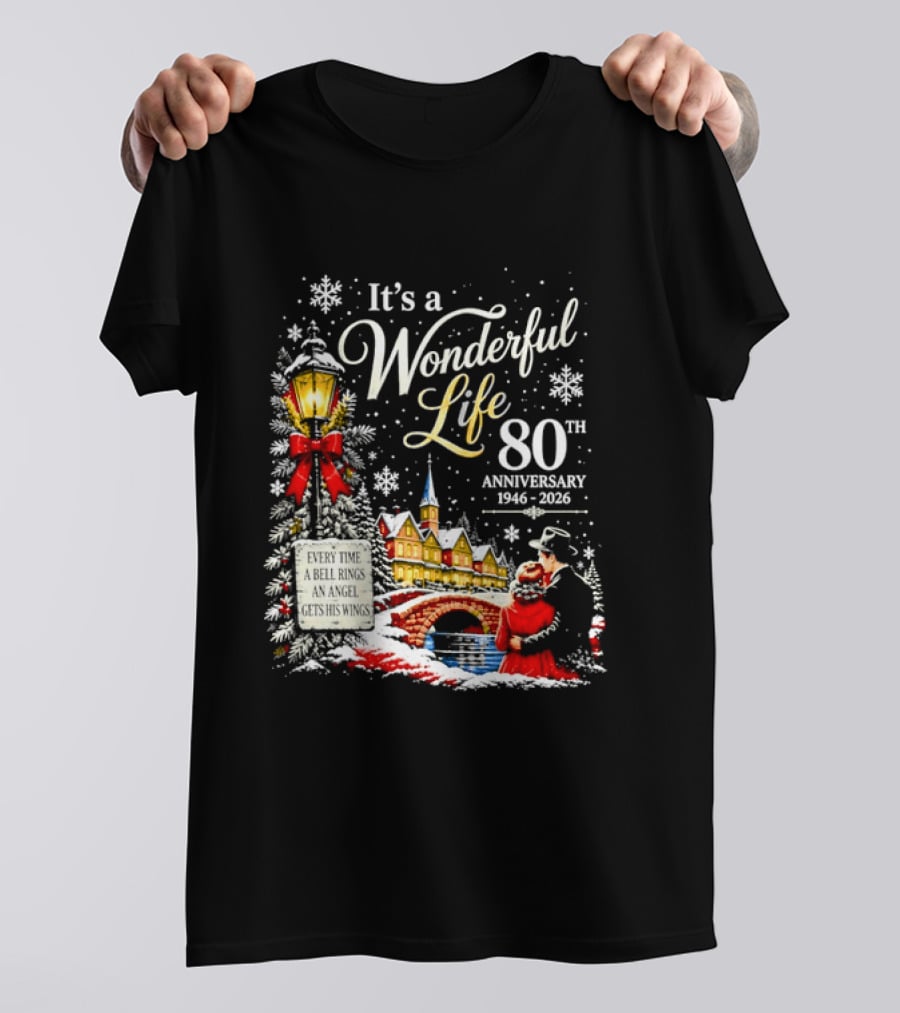 It's A Wonderful Life 80th Anniversary 1946 2026 Christmas Village Scene Snowflakes Lantern T-Shirt