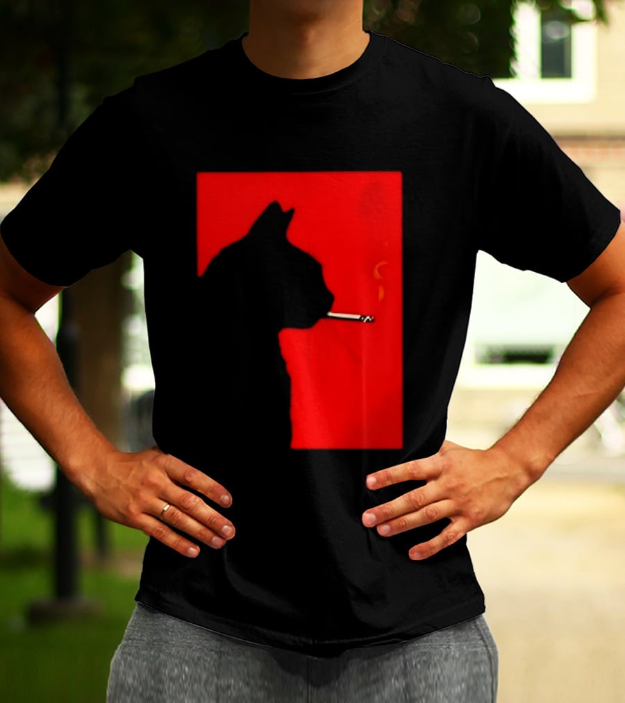Black Cat Silhouette With Cigarette On Red T-Shirt