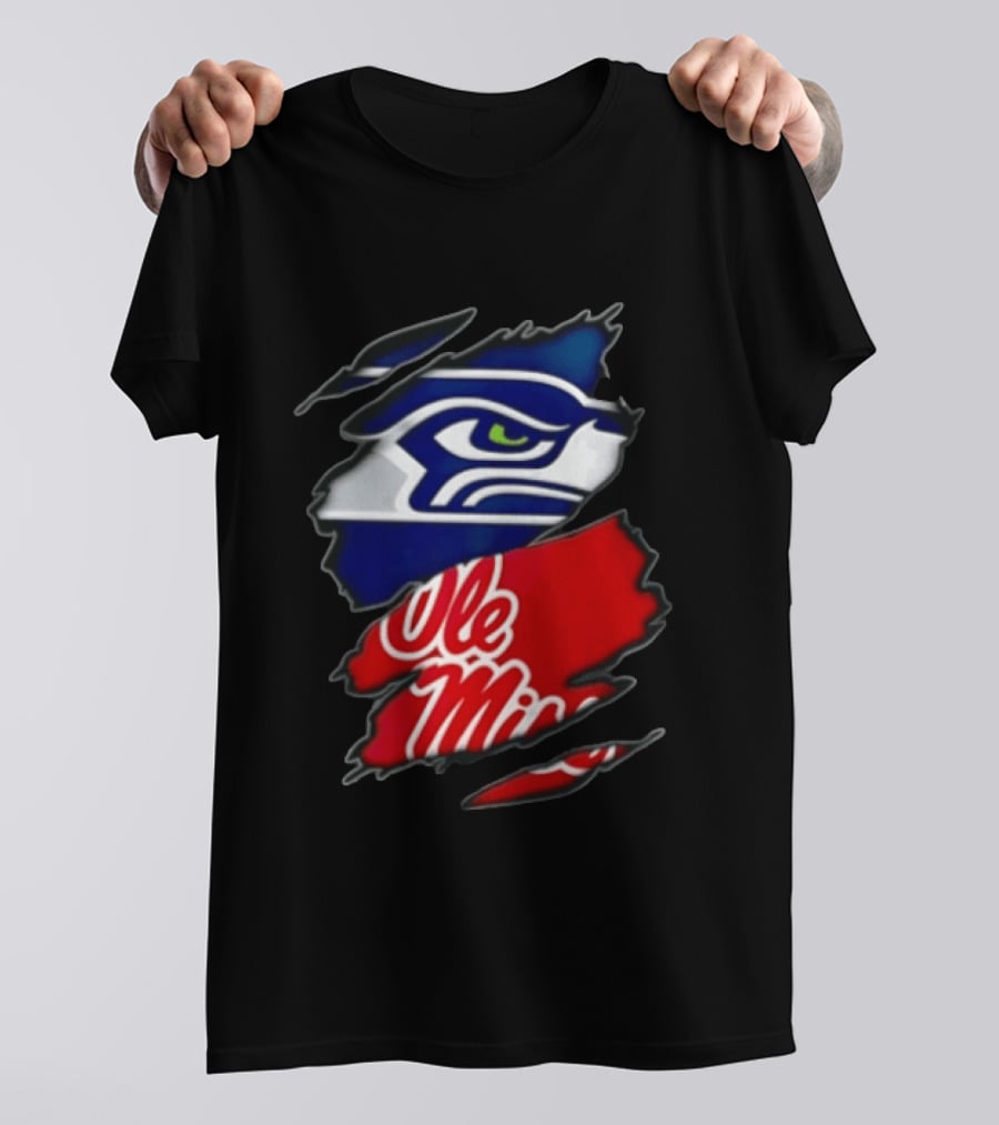 Seattle Seahawks Ole Miss Rebels Ripped Fabric Reveal T-Shirt