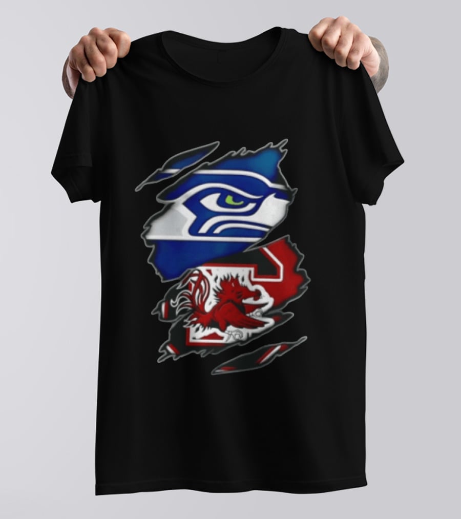 Seattle Seahawks South Carolina Gamecocks Torn Fabric Reveal Team Logos T-Shirt