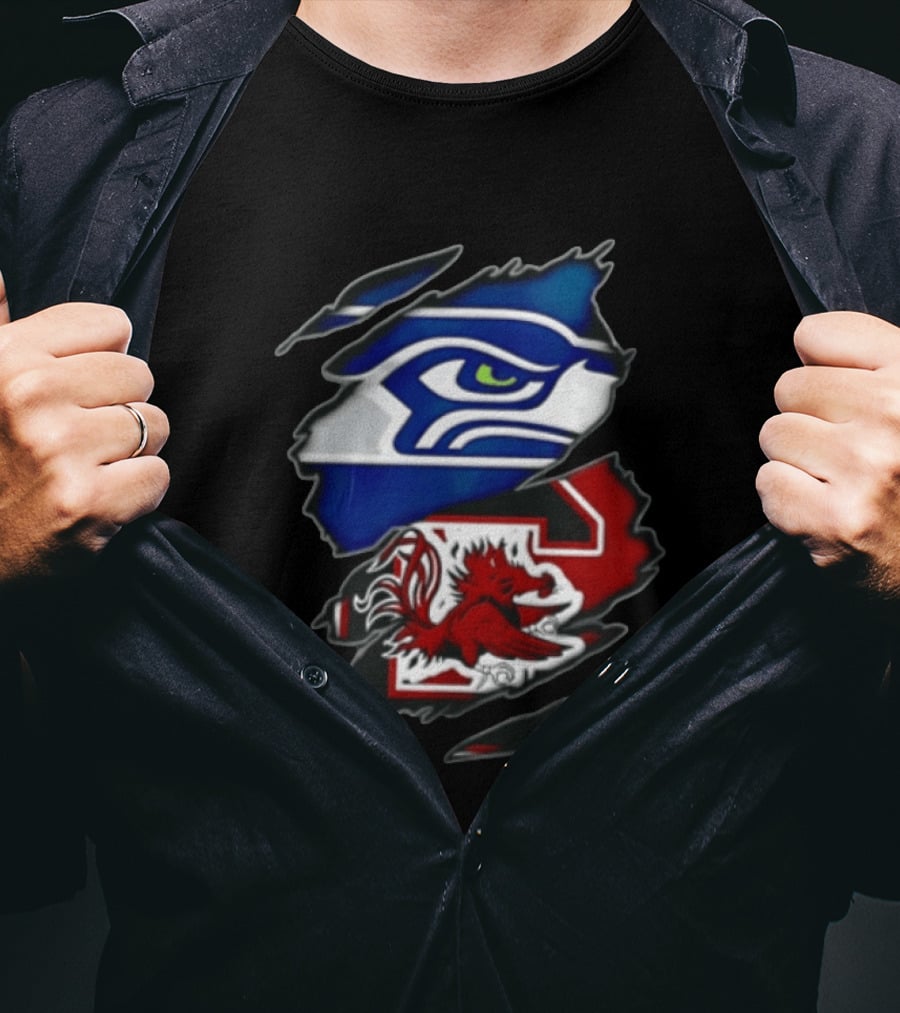 Seattle Seahawks South Carolina Gamecocks Torn Fabric Reveal Team Logos T-Shirt