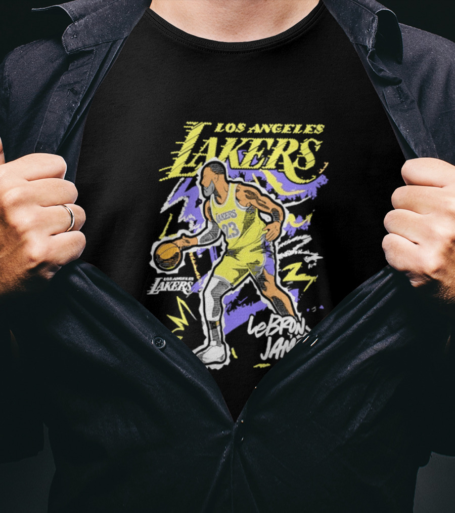 LeBron James Los Angeles Lakers 23 NBA Basketball Player Sketch Yellow Purple T-Shirt