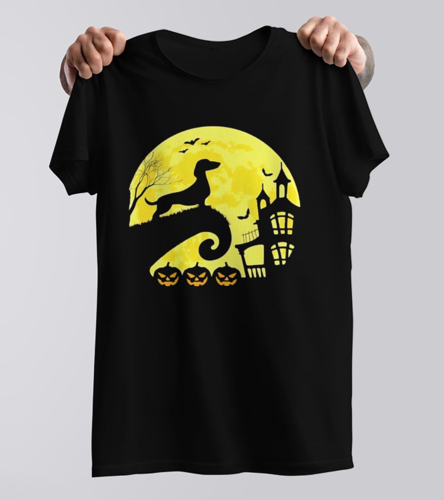 Dachshund Halloween Moon Spooky Night With Pumpkins T-Shirt