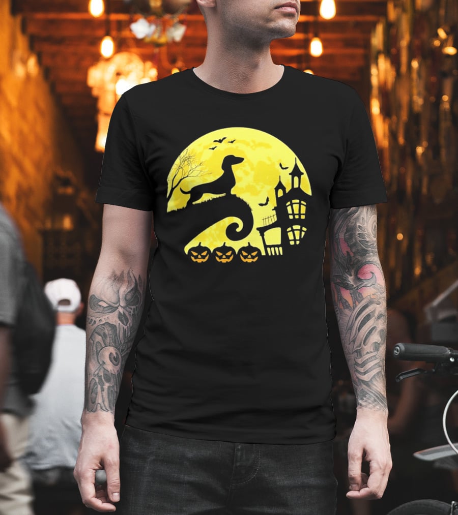Dachshund Halloween Moon Spooky Night With Pumpkins T-Shirt