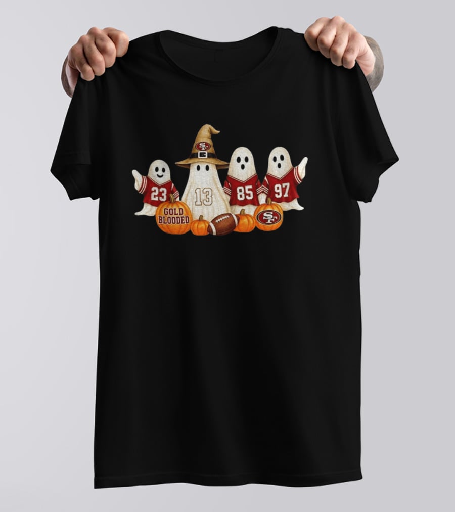 San Francisco 49ers Ghost Gold Blooded Halloween Football 2026 Pumpkins Football Jerseys T-Shirt