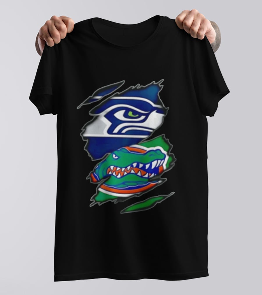 Seattle Seahawks Florida Gators Ripped Fabric Effect Sports Logos T-Shirt