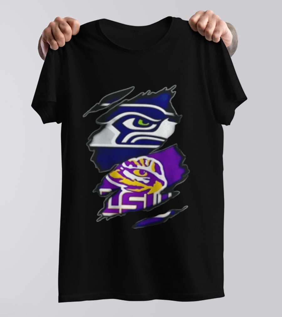 Seattle Seahawks Louisiana State University Ripped Fabric Reveal Seahawks Tiger Eye T-Shirt