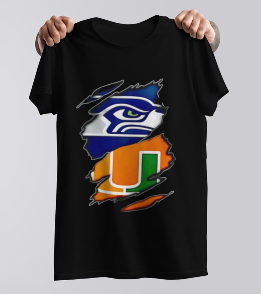 Seattle Seahawks Miami Hurricanes Torn Fabric Reveal Team Logos T-Shirt