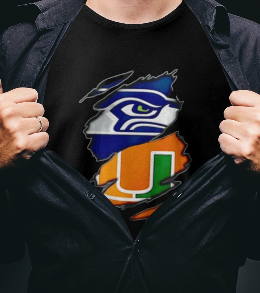 Seattle Seahawks Miami Hurricanes Torn Fabric Reveal Team Logos T-Shirt
