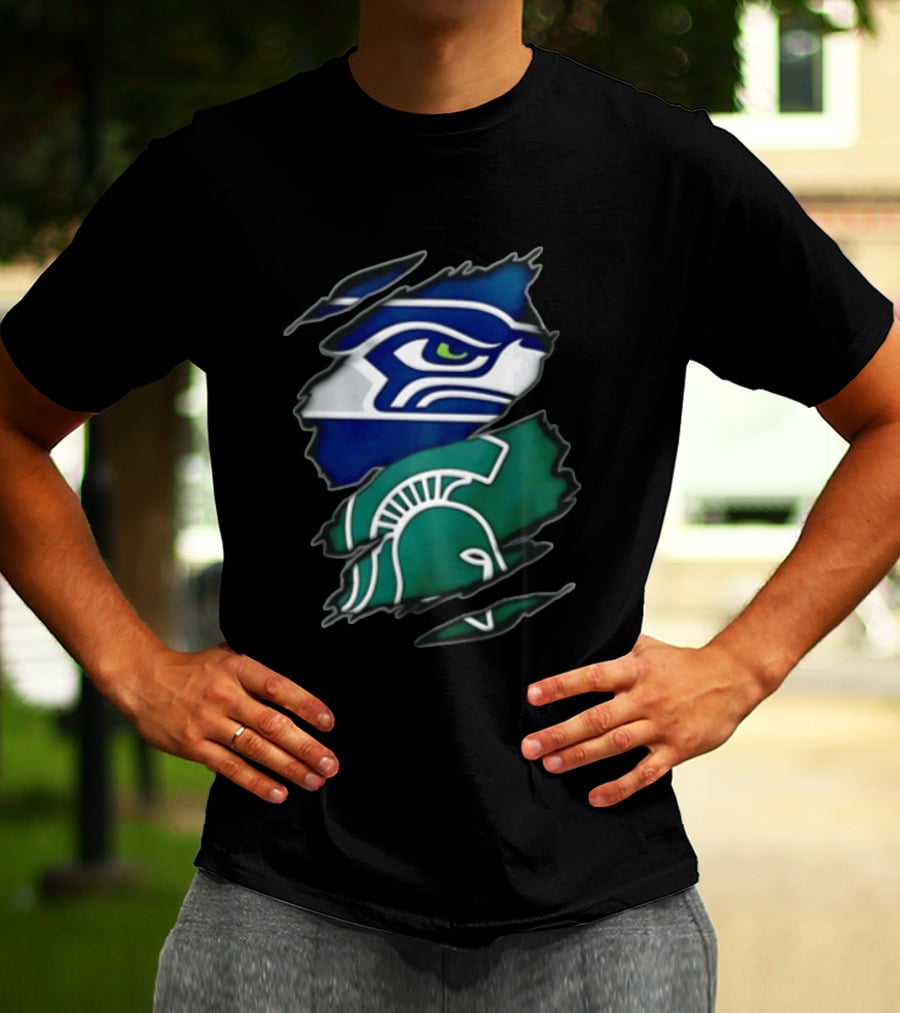 Seattle Seahawks Michigan State Spartans Torn Fabric Reveal Sports Logos T-Shirt