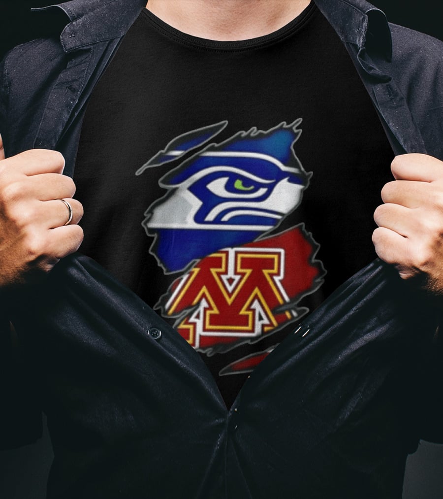 Seattle Seahawks Minnesota Golden Gophers Torn Fabric Reveal Team Emblems T-Shirt