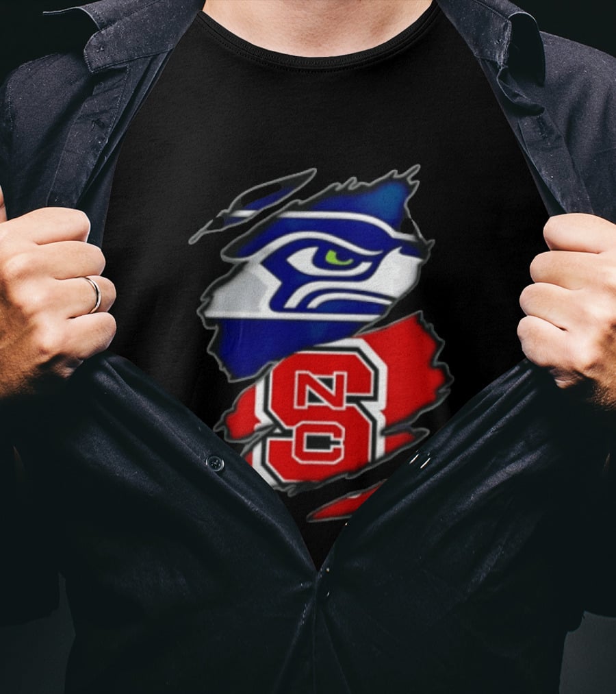 Seattle Seahawks North Carolina State Wolfpack Torn Fabric NFL NCAA Team T-Shirt