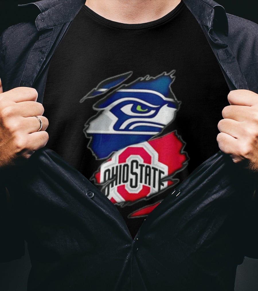 Seattle Seahawks Ohio State Buckeyes Torn Fabric Effect Team Logos T-Shirt