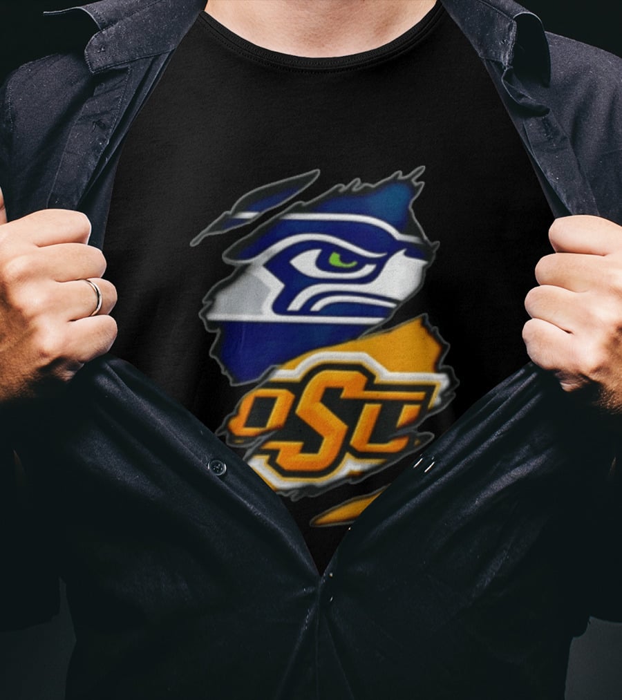 Seattle Seahawks Oklahoma State Cowboys Torn Fabric Reveal Sports T-Shirt