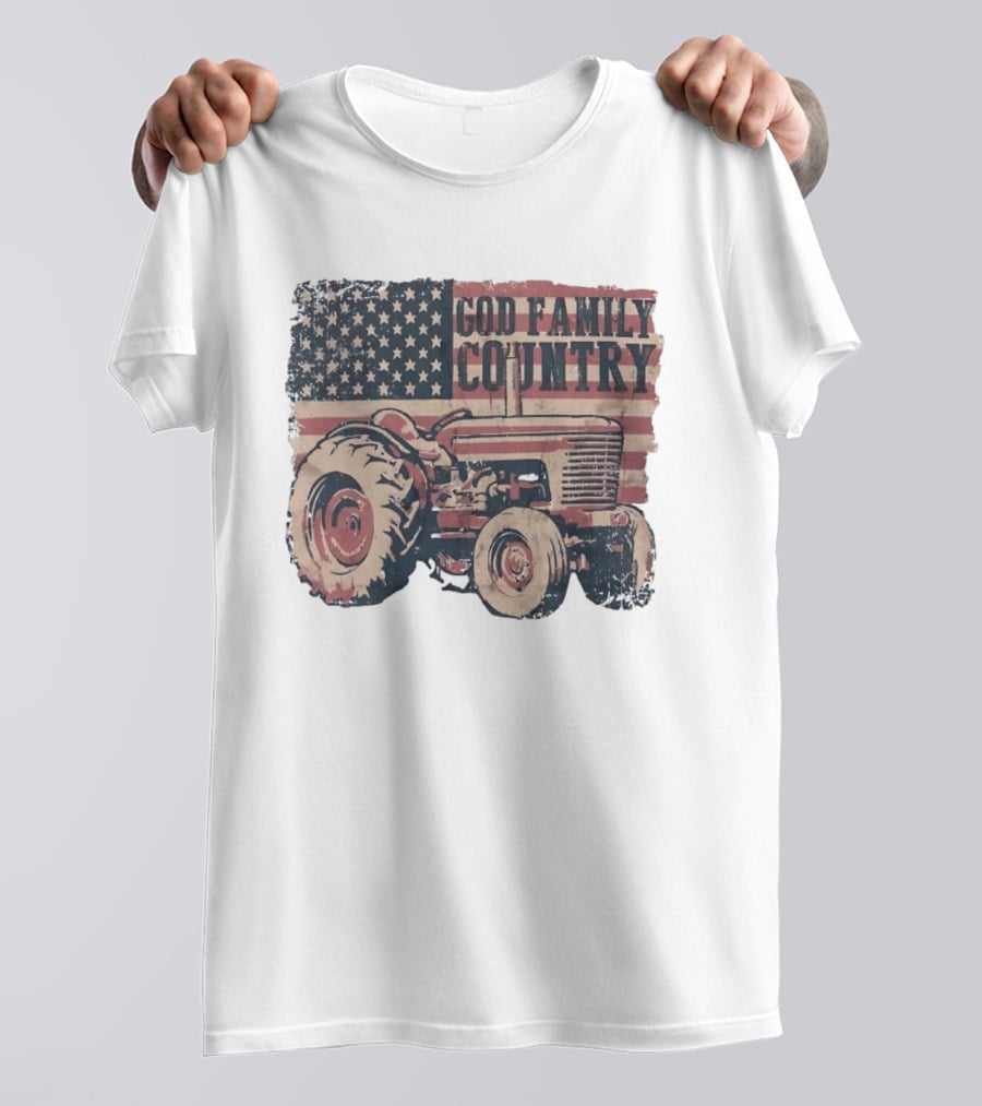American Flag God Family Country Tractor T-Shirt