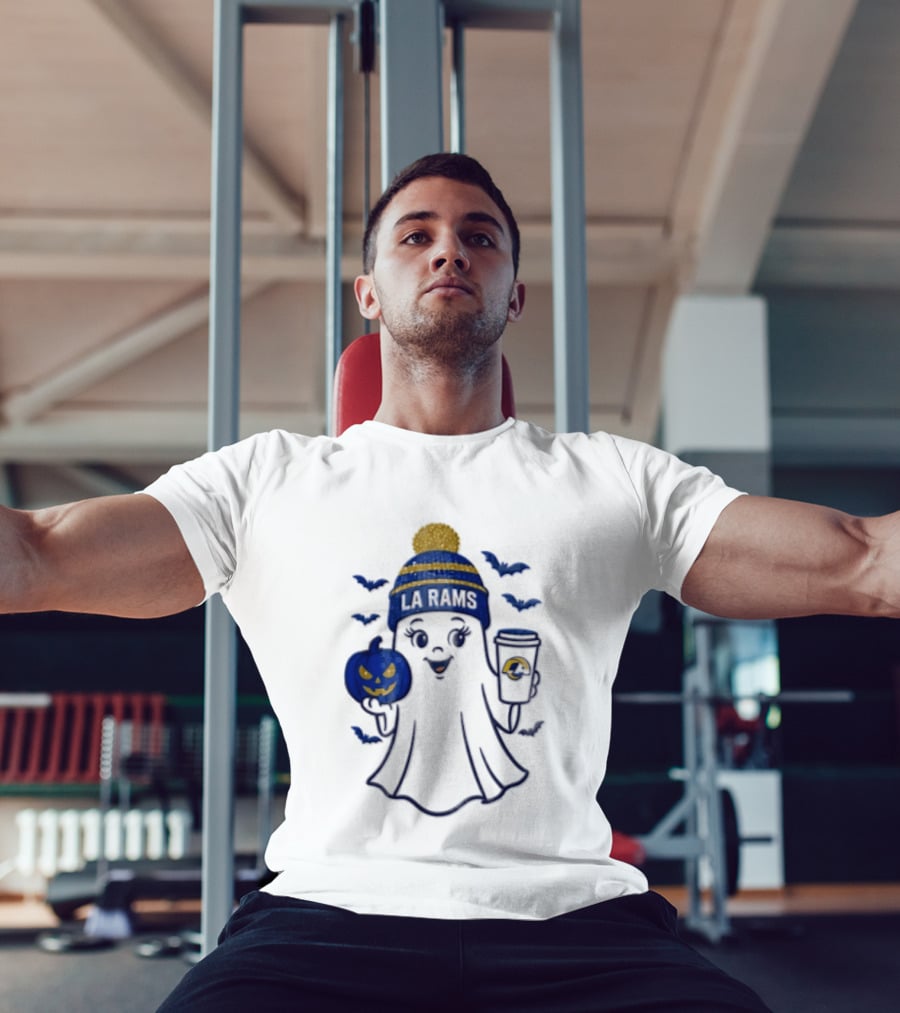 Los Angeles Rams Beanie Ghost Holding Pumpkin And Coffee Halloween T-Shirt