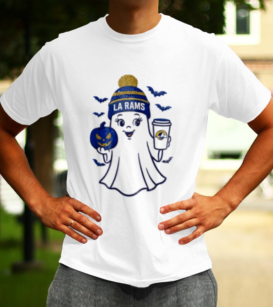 Los Angeles Rams Beanie Ghost Holding Pumpkin And Coffee Halloween T-Shirt
