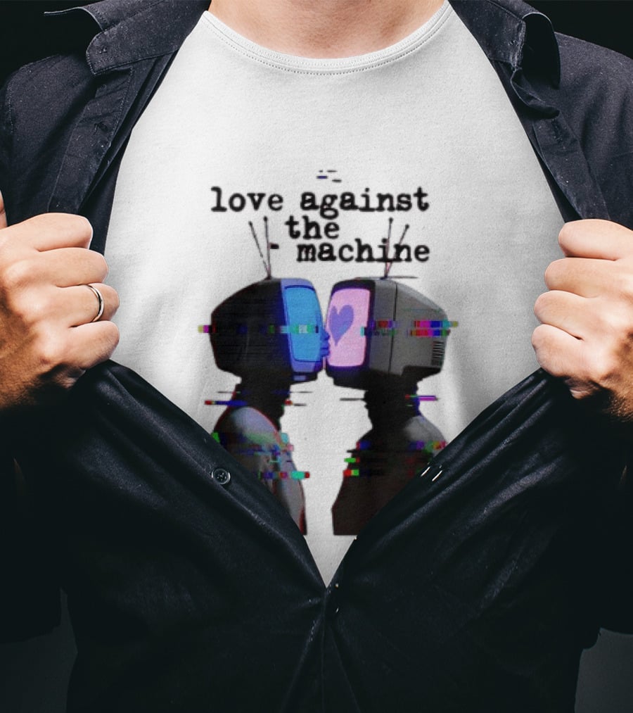 Love Against The Machine Two Television Heads Kissing Glitch Heart T-Shirt