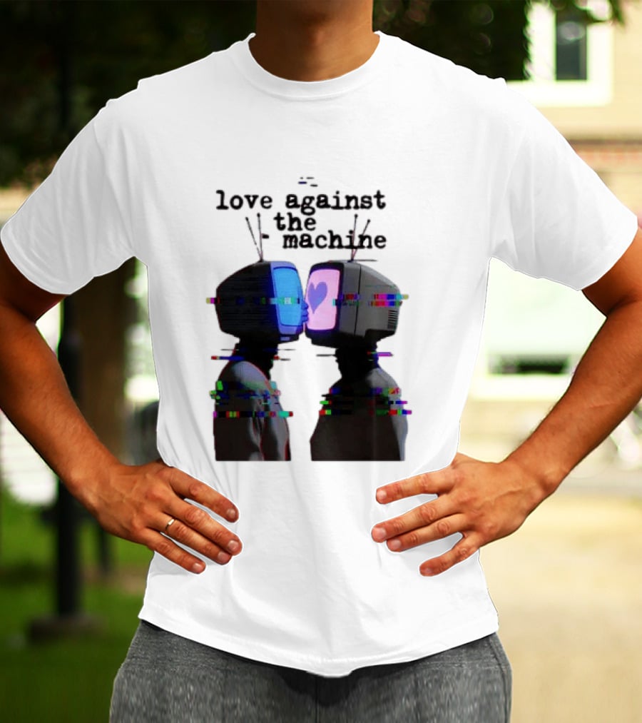 Love Against The Machine Two Television Heads Kissing Glitch Heart T-Shirt