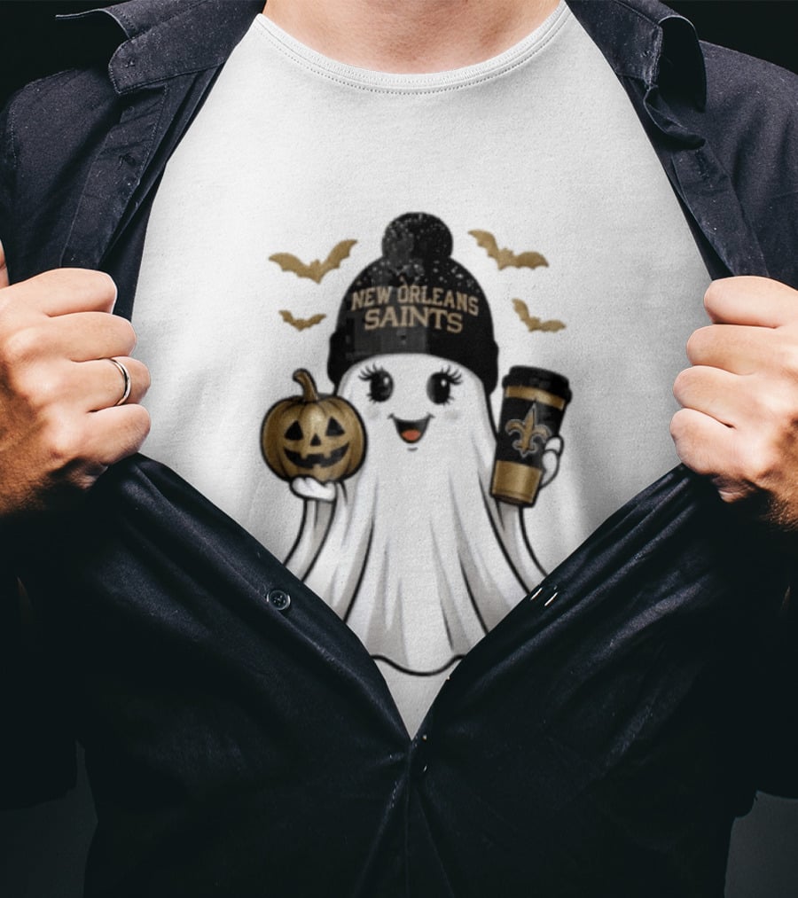 New Orleans Saints Ghost Beanie Pumpkin Coffee Halloween T-Shirt
