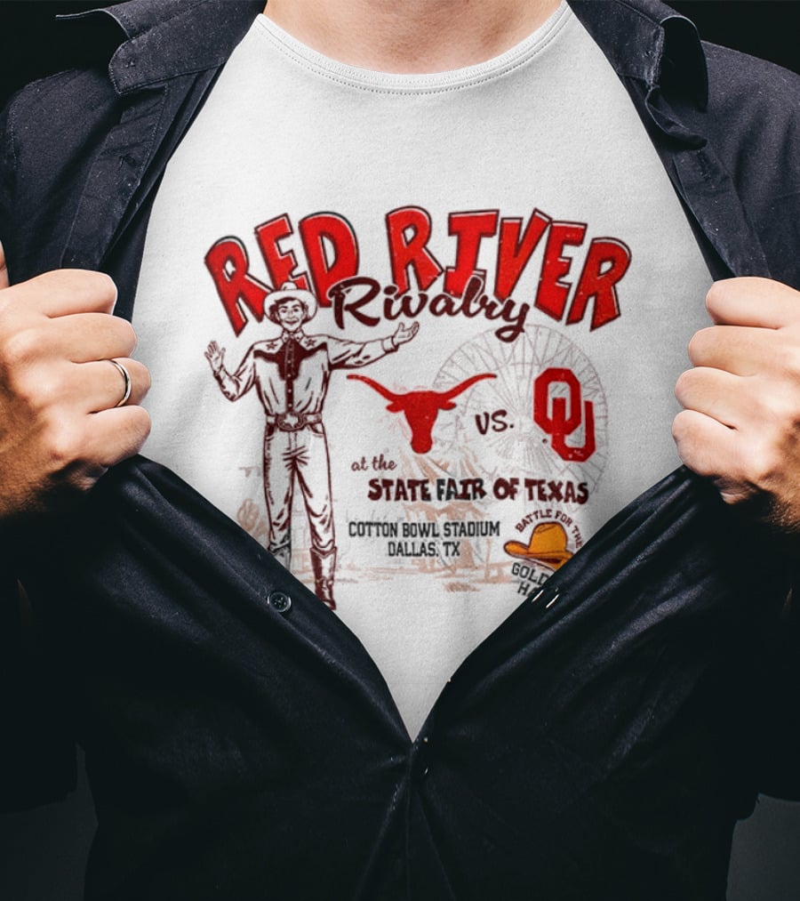 Red River Rivalry Texas Longhorns Vs Oklahoma Sooners State Fair Of Texas Vintage Cowboy Ferris Wheel Iconic Showdown T-Shirt