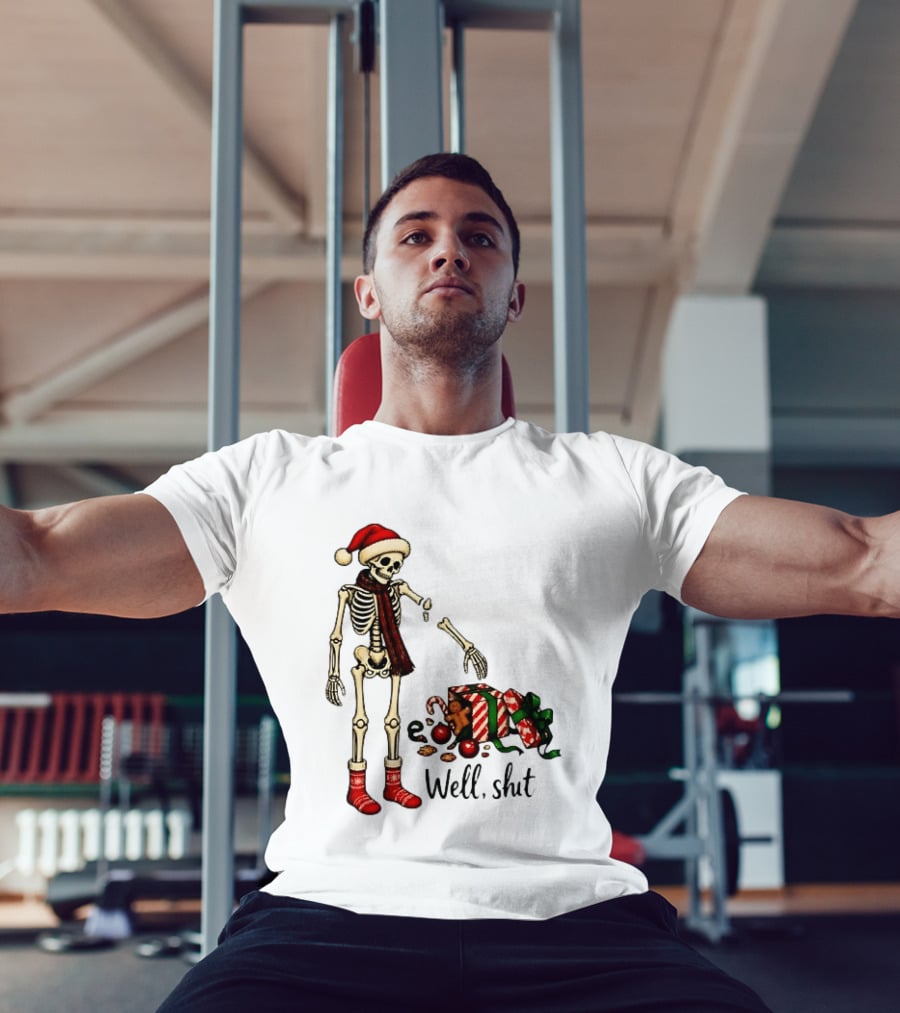 Well Shit Christmas Skeleton Gingerbread Man Santa Hat T-Shirt
