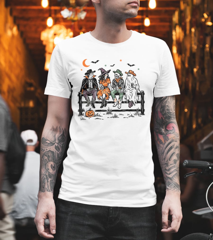 Witch Skeleton Ghost Vampire Western Halloween Scene With Pumpkins And Bats T-Shirt