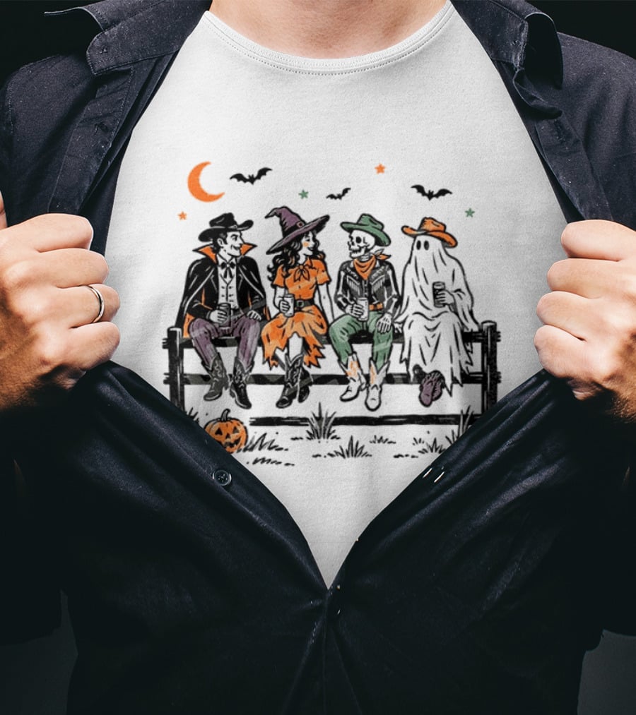 Witch Skeleton Ghost Vampire Western Halloween Scene With Pumpkins And Bats T-Shirt