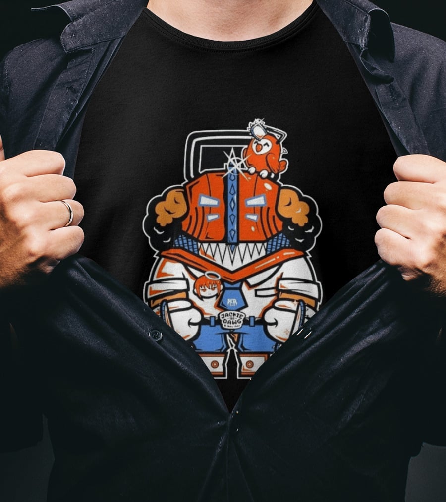Jackie The Dawg Mau Mau Chainsaw Robot Cartoon Character With Bird T-Shirt