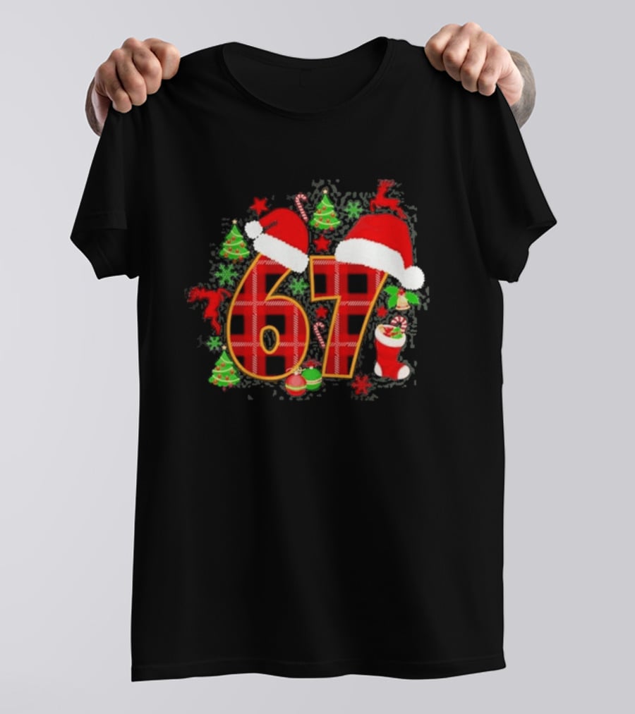 67 Christmas Plaid With Santa Hats And Festive Decorations T-Shirt