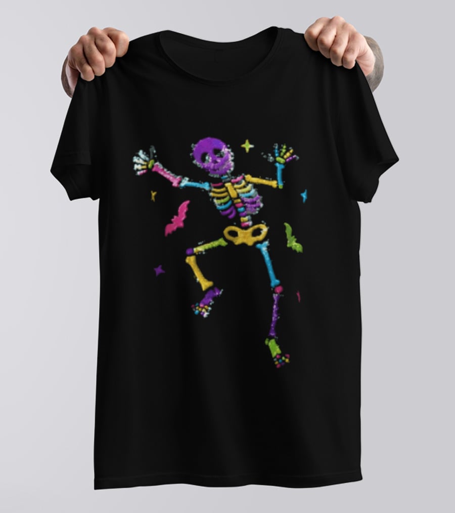 Skeleton Dancing Colorful Sequin Bats T-Shirt