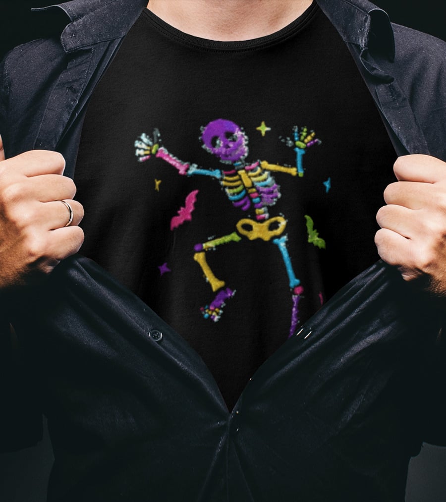 Skeleton Dancing Colorful Sequin Bats T-Shirt
