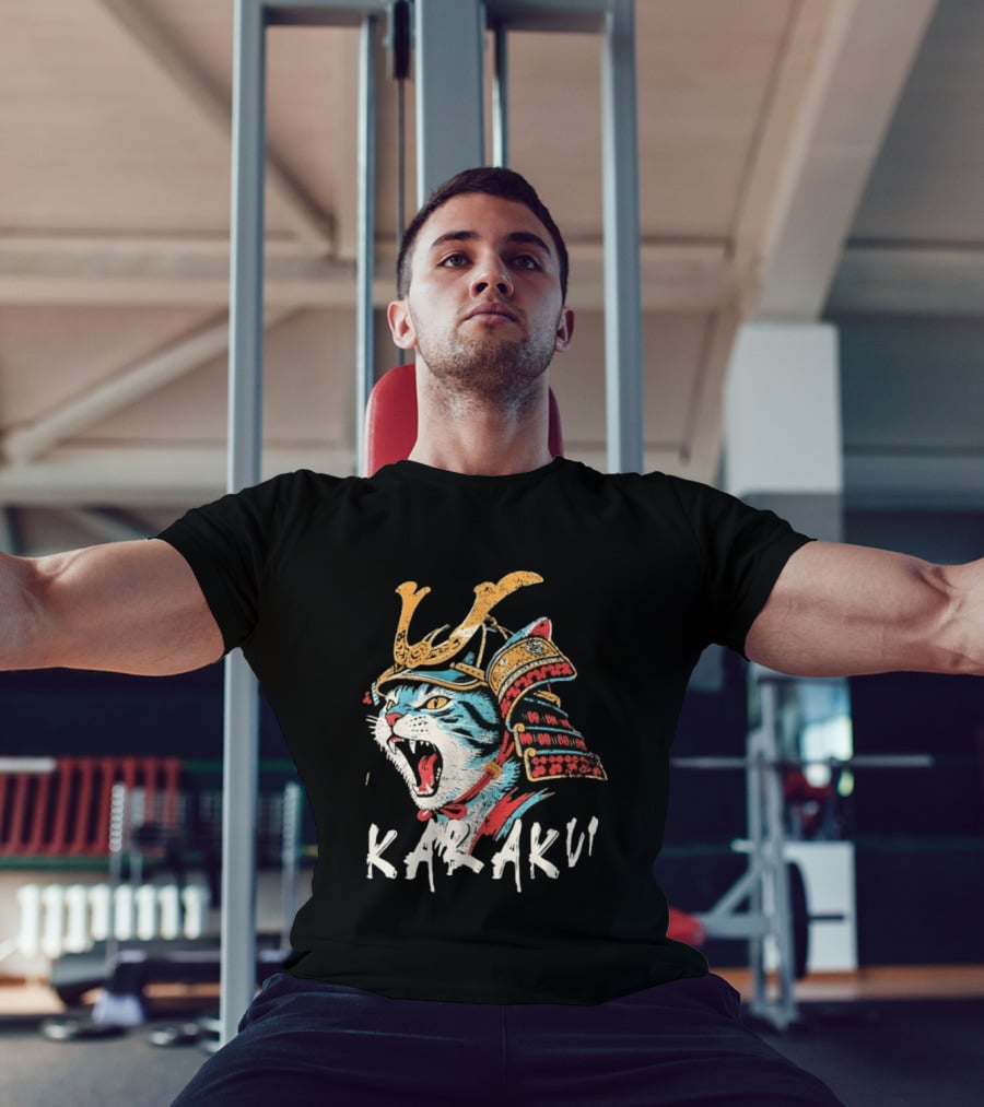 Karaku Distressed Samurai Cat With Helmet And Snarling Expression T-Shirt