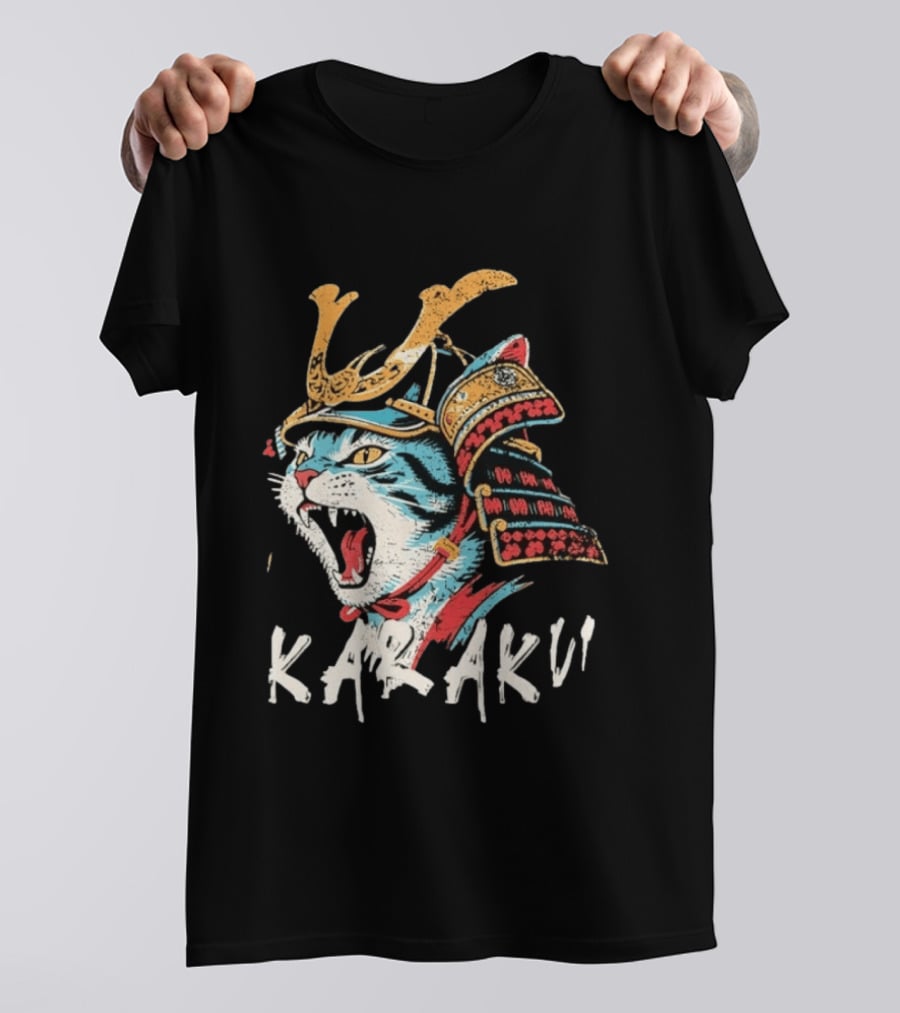 Karaku Distressed Samurai Cat With Helmet And Snarling Expression T-Shirt