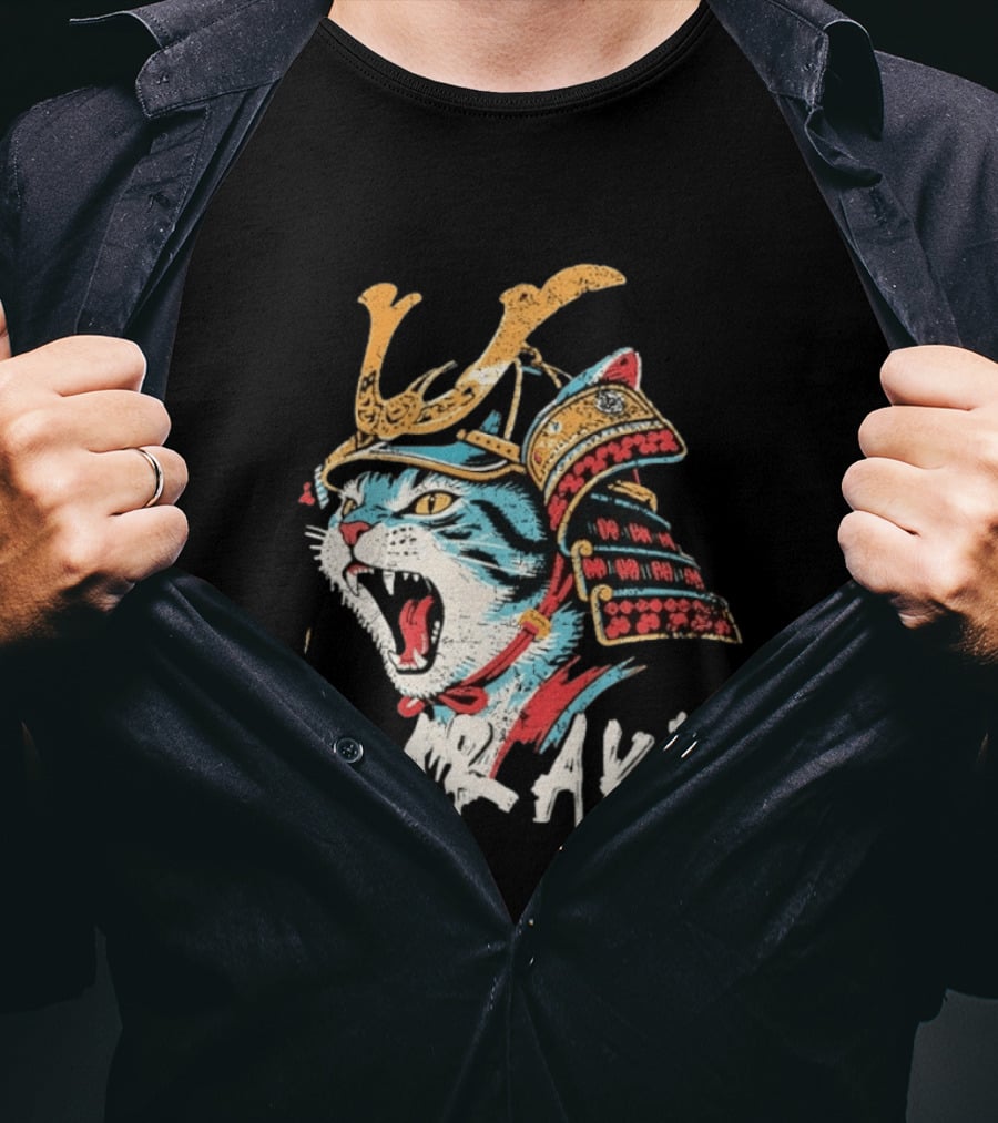 Karaku Distressed Samurai Cat With Helmet And Snarling Expression T-Shirt