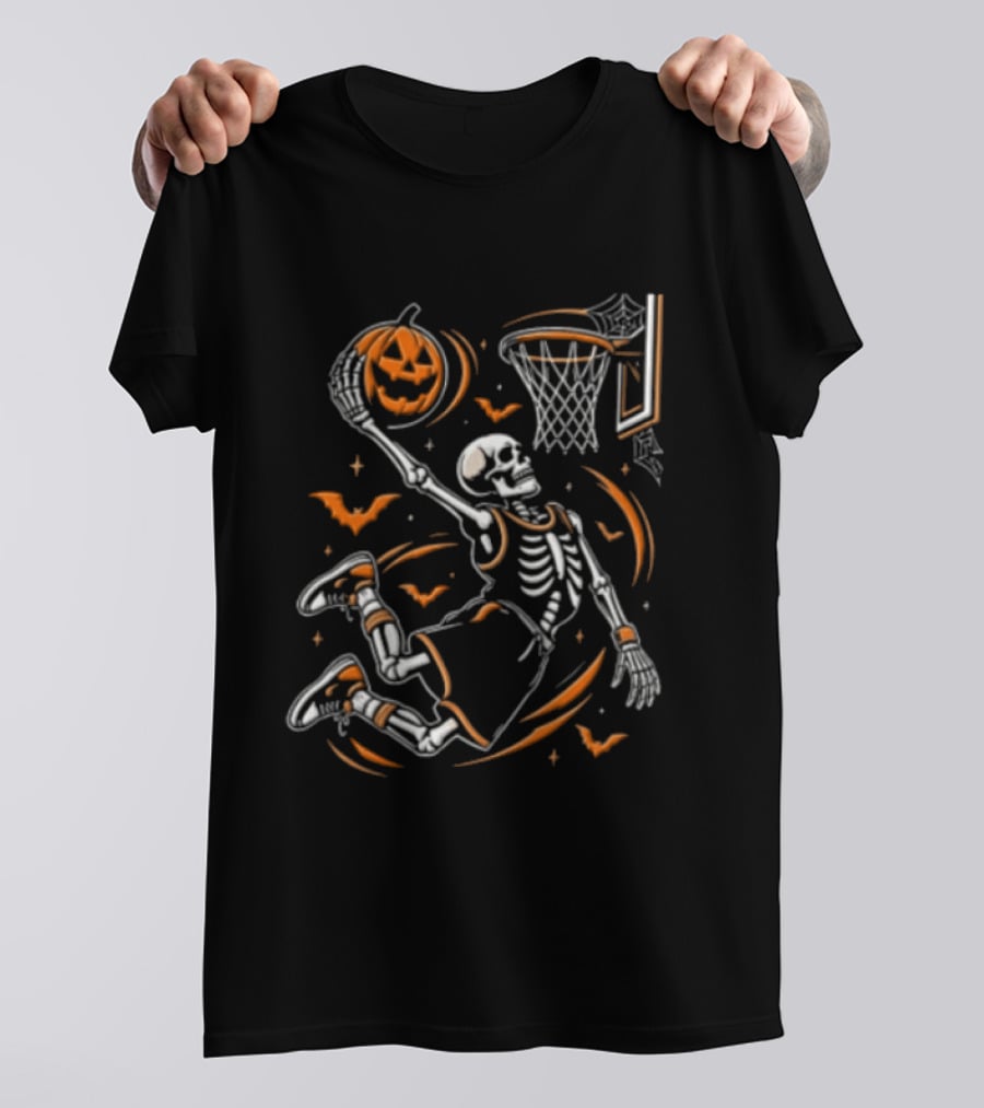 Skeleton Slam Dunk Pumpkin Basketball Hoop Spooky Halloween T-Shirt