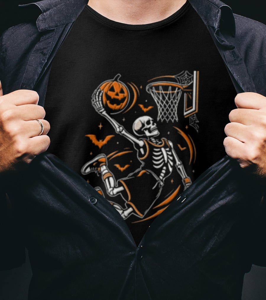 Skeleton Slam Dunk Pumpkin Basketball Hoop Spooky Halloween T-Shirt