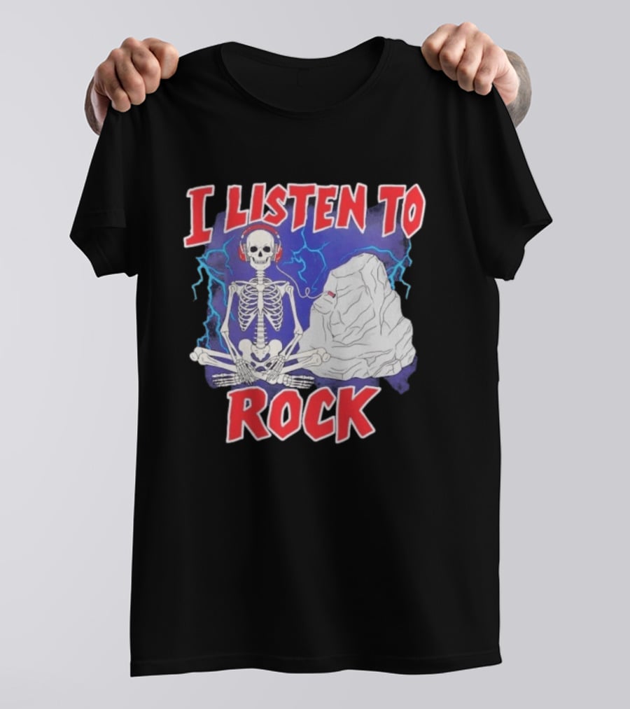 I Listen To Rock Skeleton Headphones Music T-Shirt