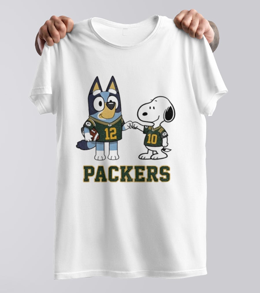 Bluey Snoopy Packers Football Friends Wearing 12 And 10 Jerseys T-Shirt