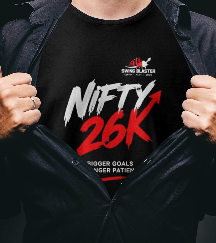 Swing Blaster Nifty 26K Bigger Goals Stronger Patience Bull And Bear Stock Market Trading Insights T-Shirt