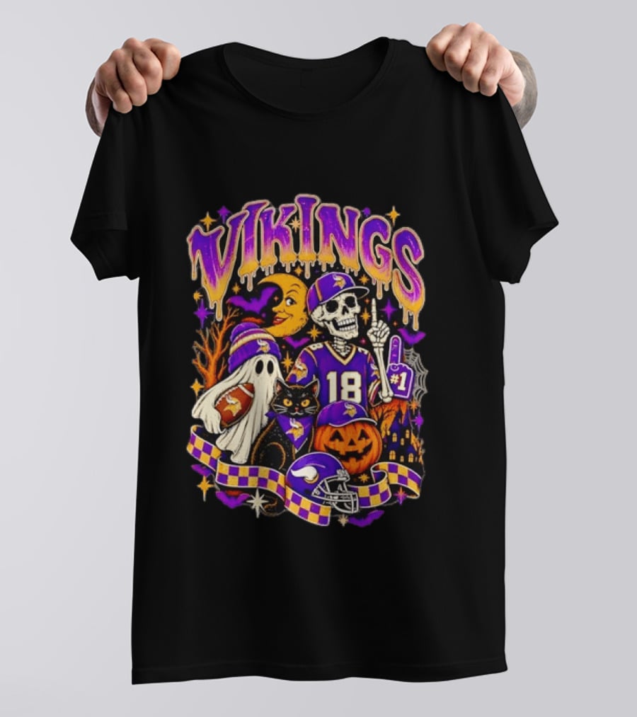 Vikings Halloween Skeleton Football 18 With Ghost Cat And Pumpkins T-Shirt