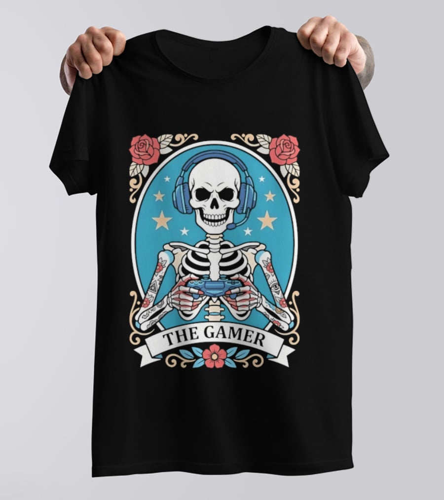 The Gamer Skeleton Headphones Controller Stars Roses T-Shirt