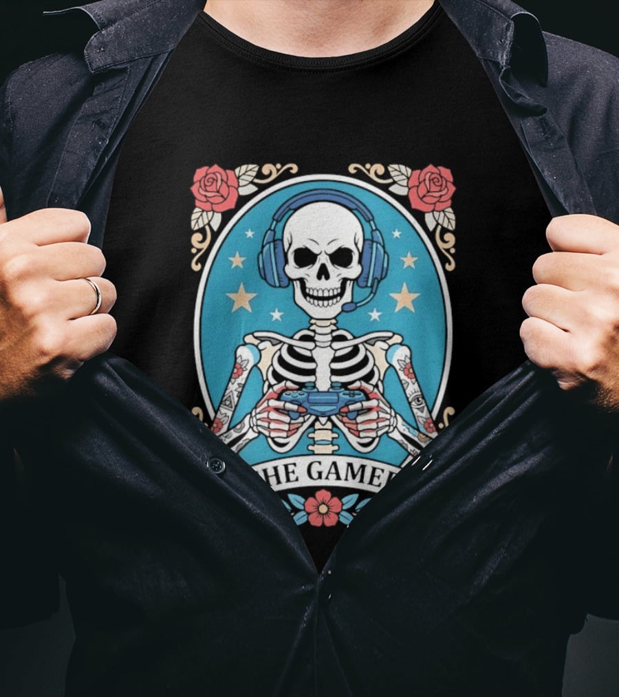 The Gamer Skeleton Headphones Controller Stars Roses T-Shirt