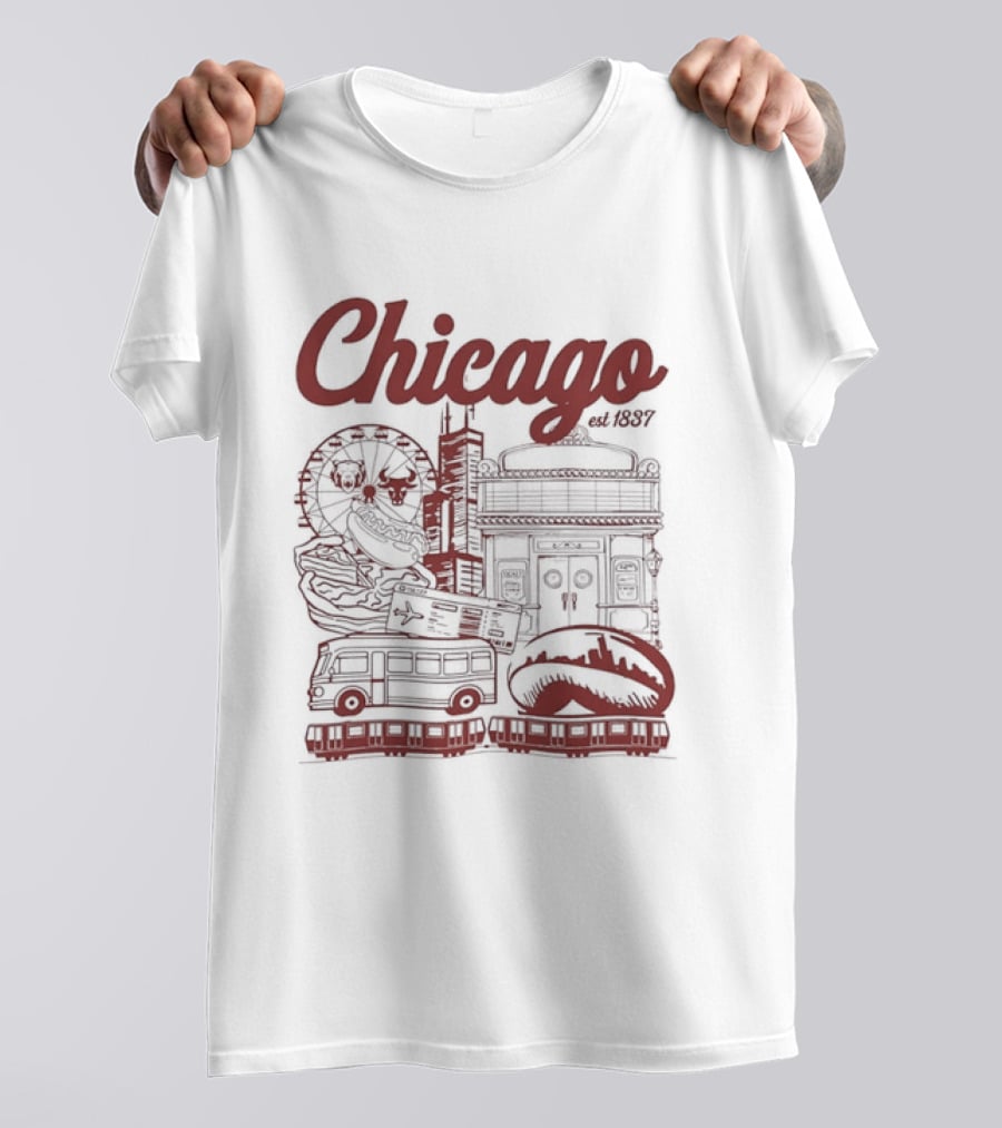 Chicago City Landmarks Illinois Est 1837 Ferris Wheel Hot Dog Retro Bus T-Shirt