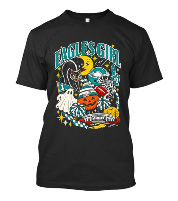 Eagles Girl Halloween Football Moon Cat Pumpkin Stadium T-Shirt