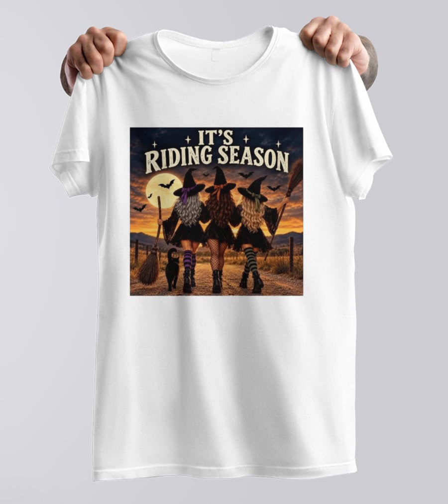 Halloween Witches With Brooms Under Full Moon And Black Cats T-Shirt