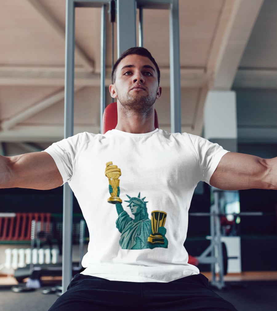 Lady Liberty Holding Dual Championship Trophies Soccer And Basketball T-Shirt