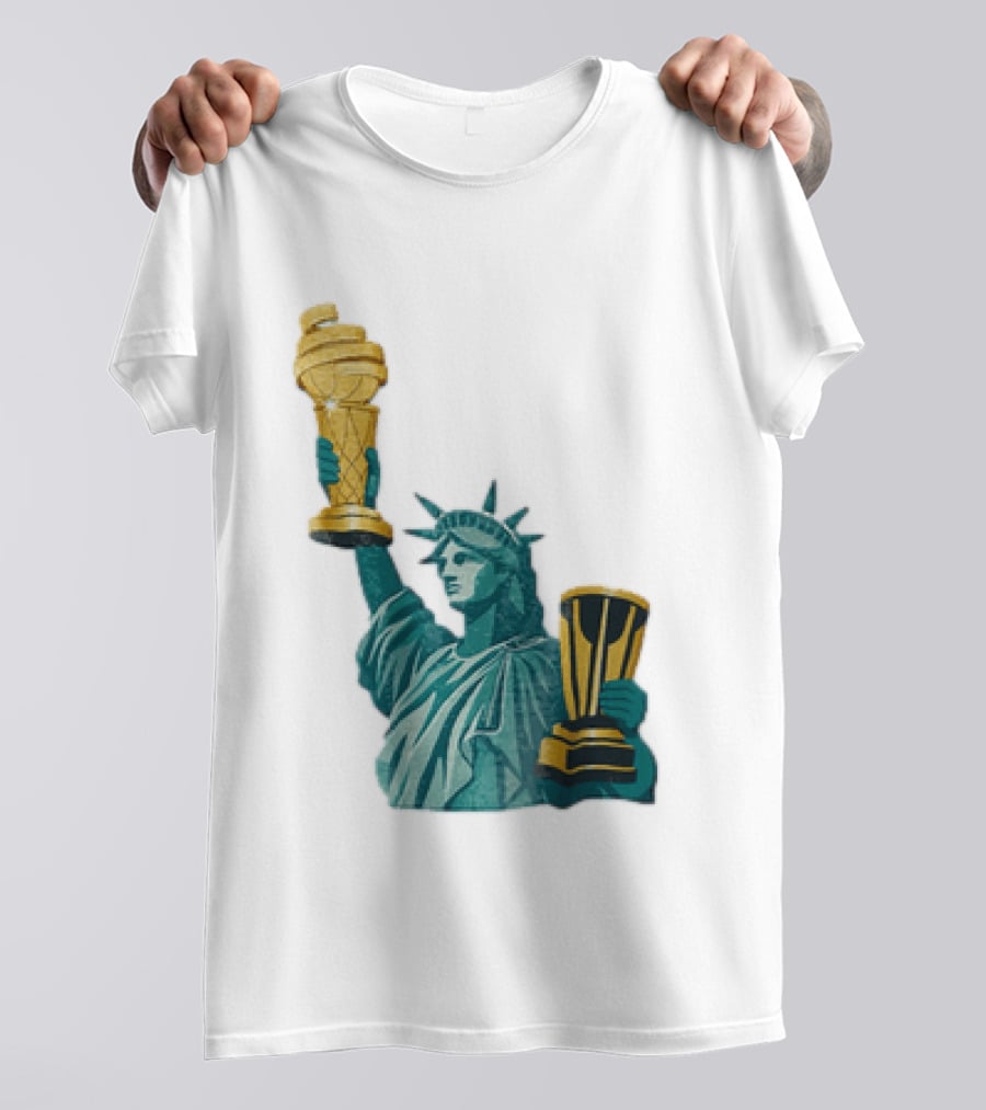 Lady Liberty Holding Dual Championship Trophies Soccer And Basketball T-Shirt