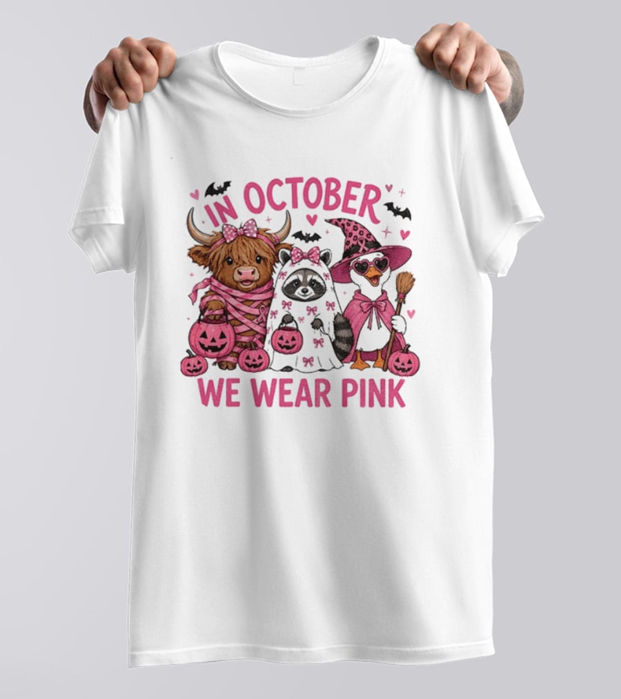 In October We Wear Pink Breast Cancer Support With Halloween Animals T-Shirt