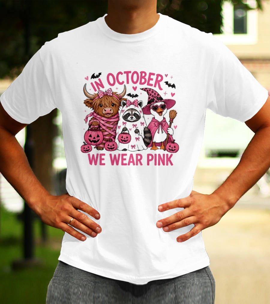 In October We Wear Pink Breast Cancer Support With Halloween Animals T-Shirt